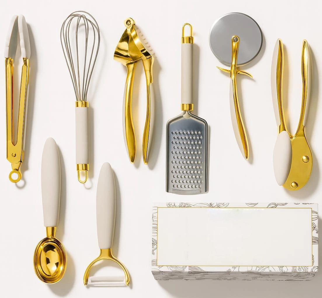 Ensemble 19 Pièces Ustensiles Cuisine - 5 Couteaux Inox, Planche à Découper, Seau Rangement Losange