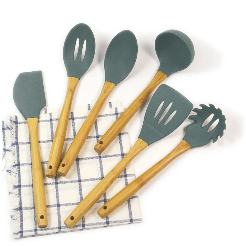 Wholesale Bamboo Silicone Kitchen Utensils With Square Holder 1