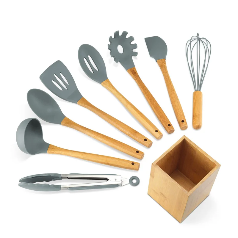 Wholesale Bamboo Silicone Kitchen Utensils With Square Holder