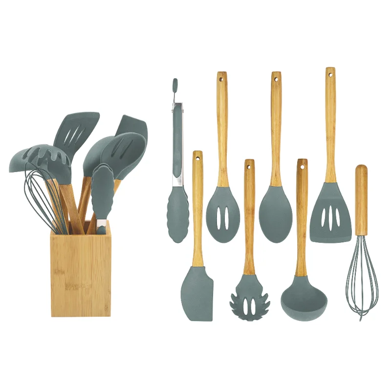 Wholesale Bamboo Silicone Kitchen Utensils With Square Holder