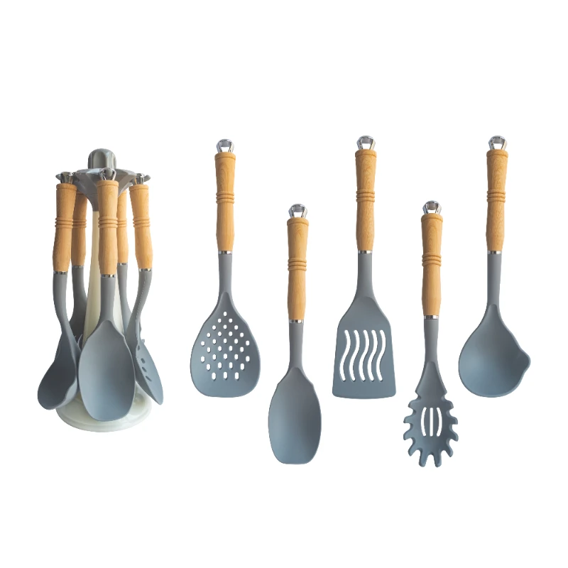 Custom Silicone Kitchen Utensil Cooking Shovel Wooden Handle Cooking Set