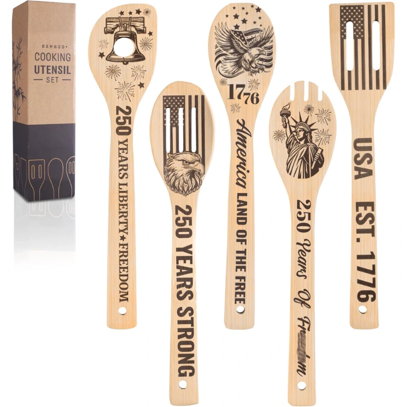 250th Anniversary Usa Wooden Natural Bamboo Kitchen Utensils Set